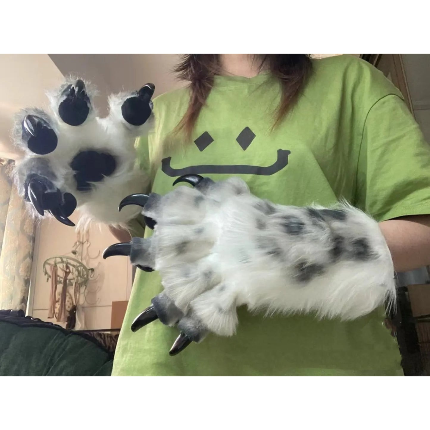 White faux fur snow leopard paws with spotted airbrushing — fursuit furry paws, customizable