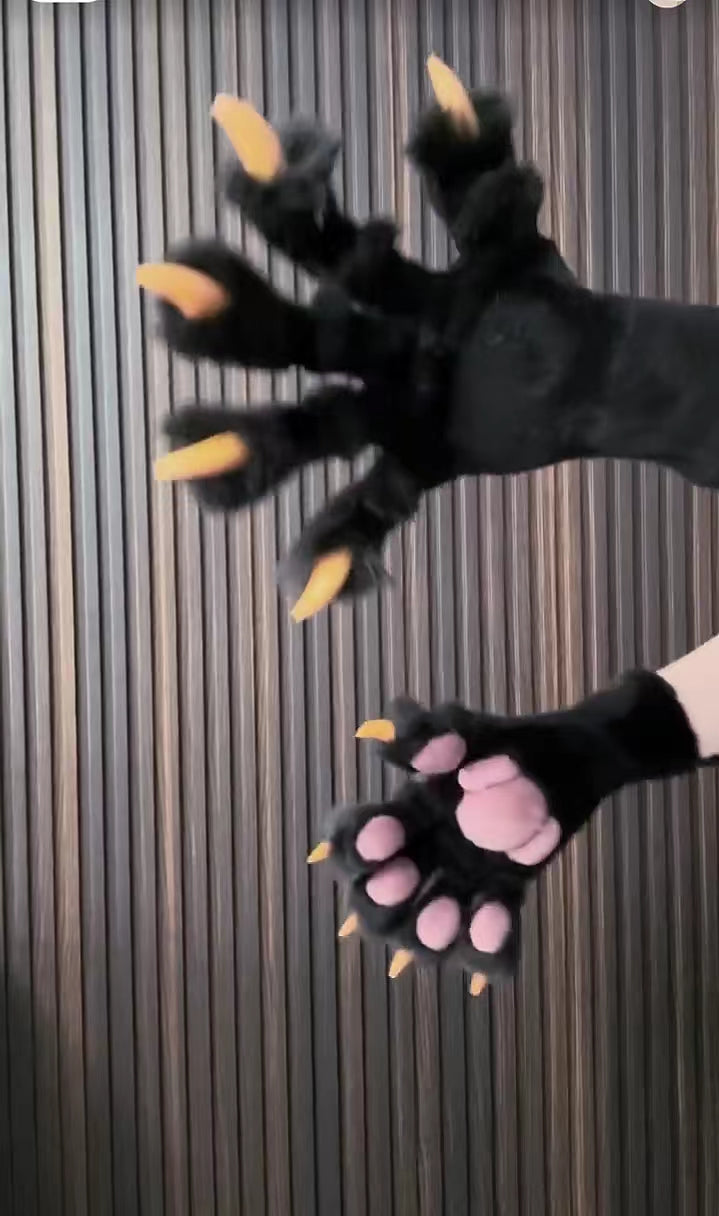 Black Faux Fur, Yellow Claws, Pink Paw Pad, Realistic Animal Claw, furry,fursuit,Custom Orders Accepted