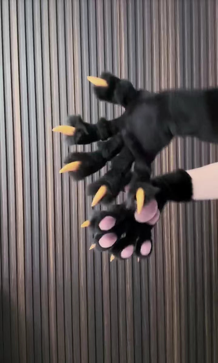 Black Faux Fur, Yellow Claws, Pink Paw Pad, Realistic Animal Claw, furry,fursuit,Custom Orders Accepted