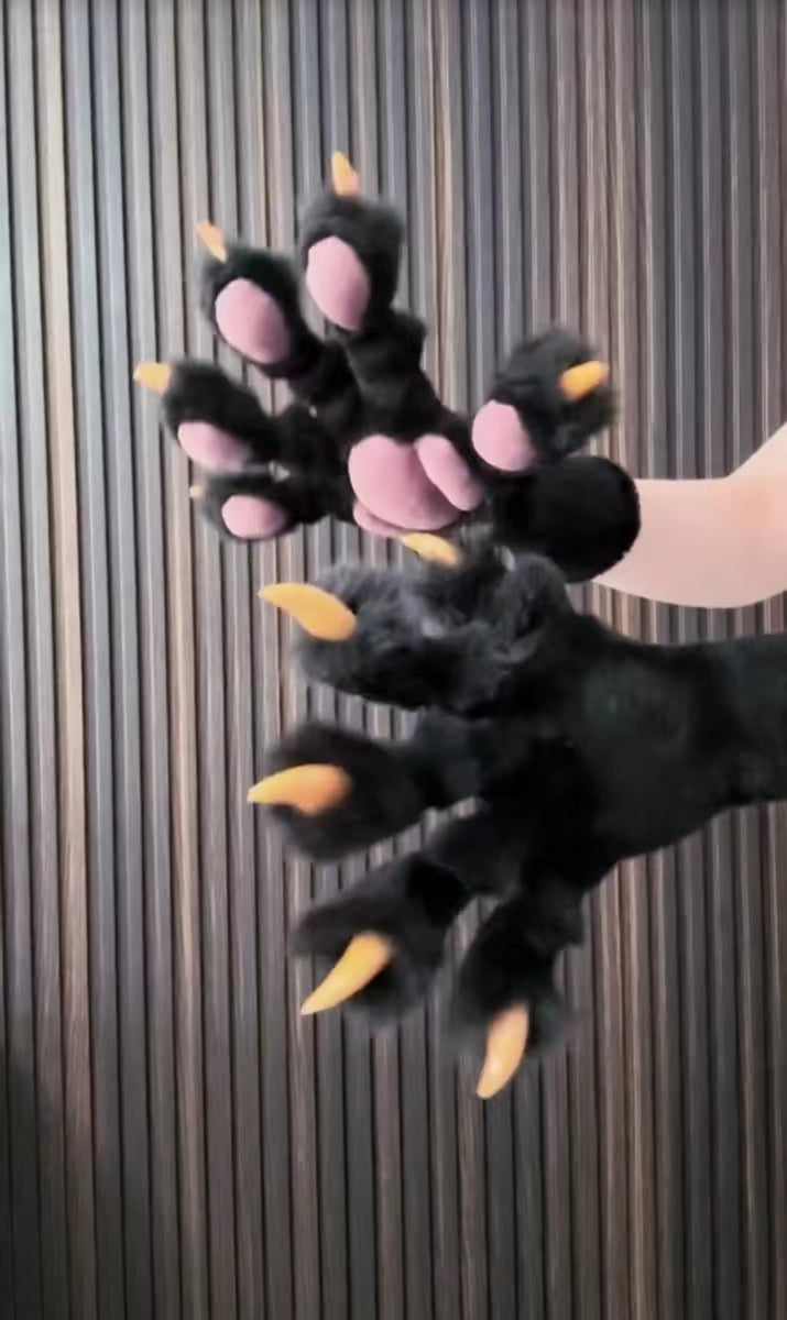 Black Faux Fur, Yellow Claws, Pink Paw Pad, Realistic Animal Claw, furry,fursuit,Custom Orders Accepted