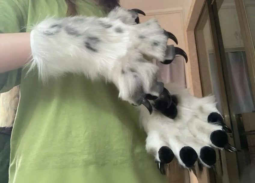 White faux fur snow leopard paws with spotted airbrushing — fursuit furry paws, customizable