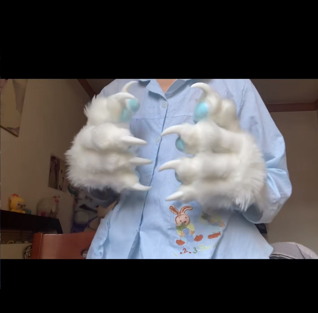 White short fur, sky blue paw pads, made with faux fur fabric, big paws, furry fursuit, customizable colors