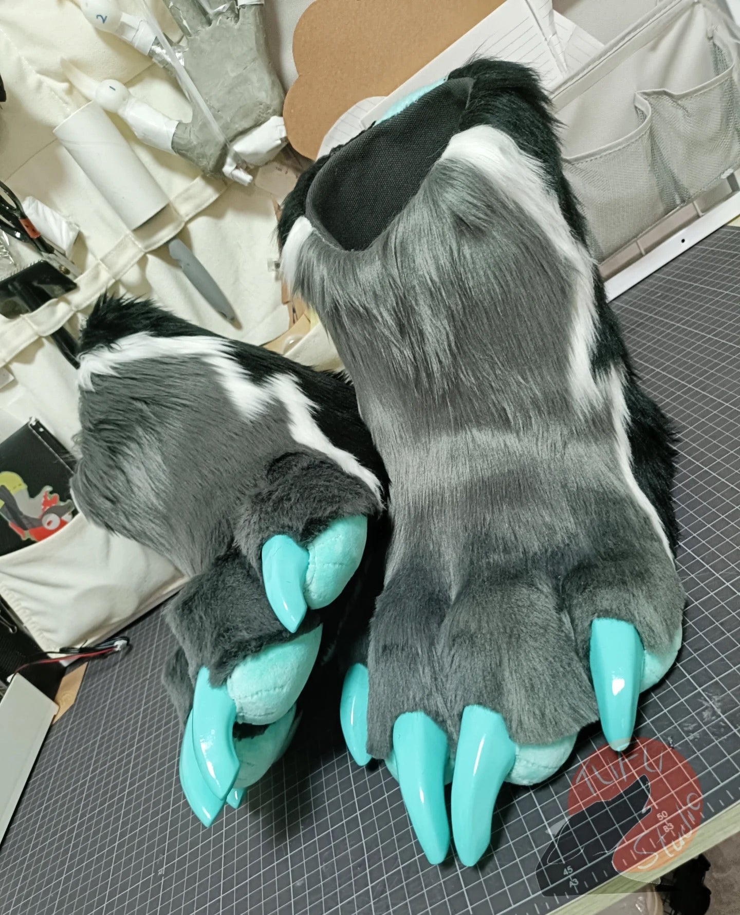 Gray faux fur cyber-style big paws shoes— color customization available, with 3D-printed paw claws