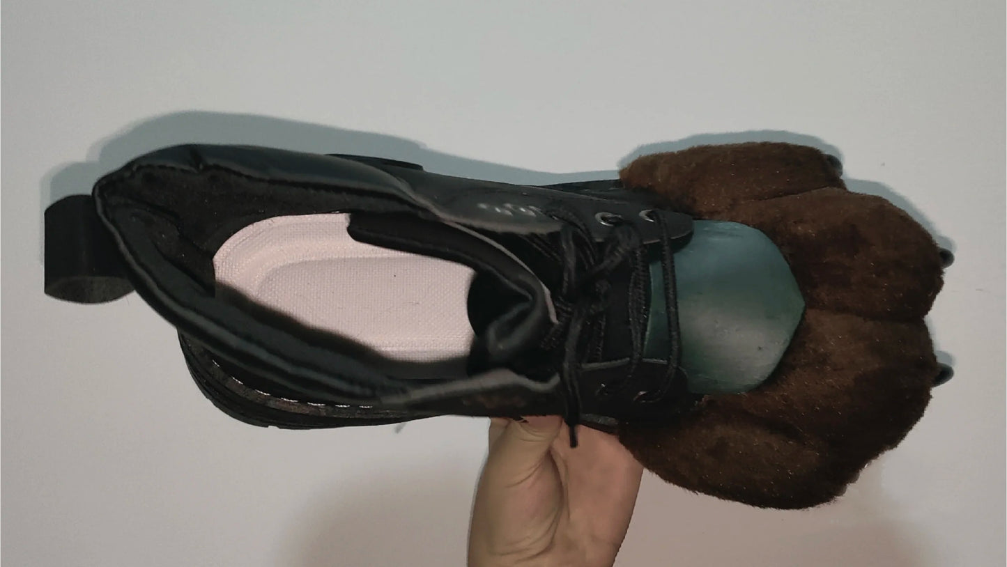 Brown patched paw shoes — front is paws, back is real shoes.