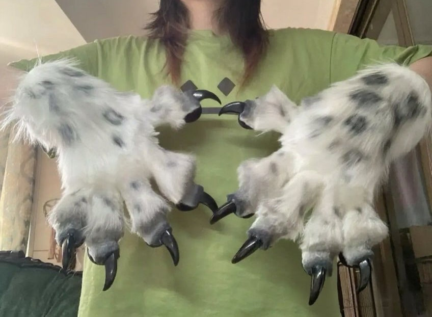 White faux fur snow leopard paws with spotted airbrushing — fursuit furry paws, customizable