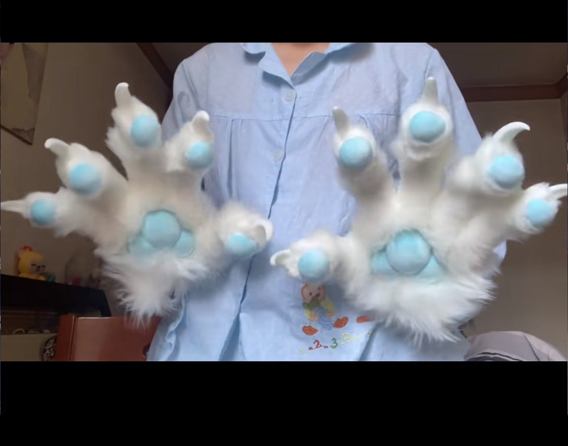 White short fur, sky blue paw pads, made with faux fur fabric, big paws, furry fursuit, customizable colors