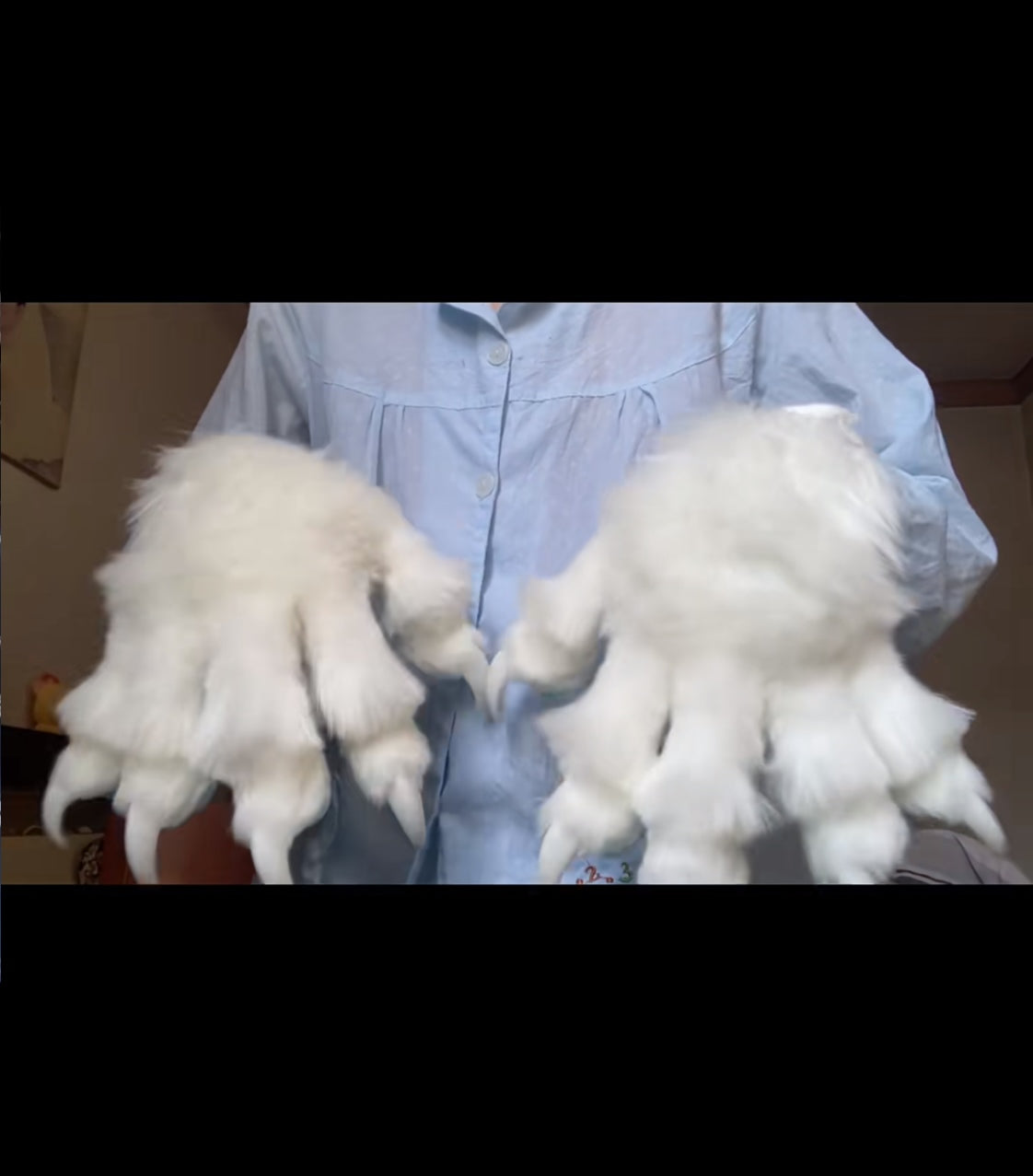 White short fur, sky blue paw pads, made with faux fur fabric, big paws, furry fursuit, customizable colors