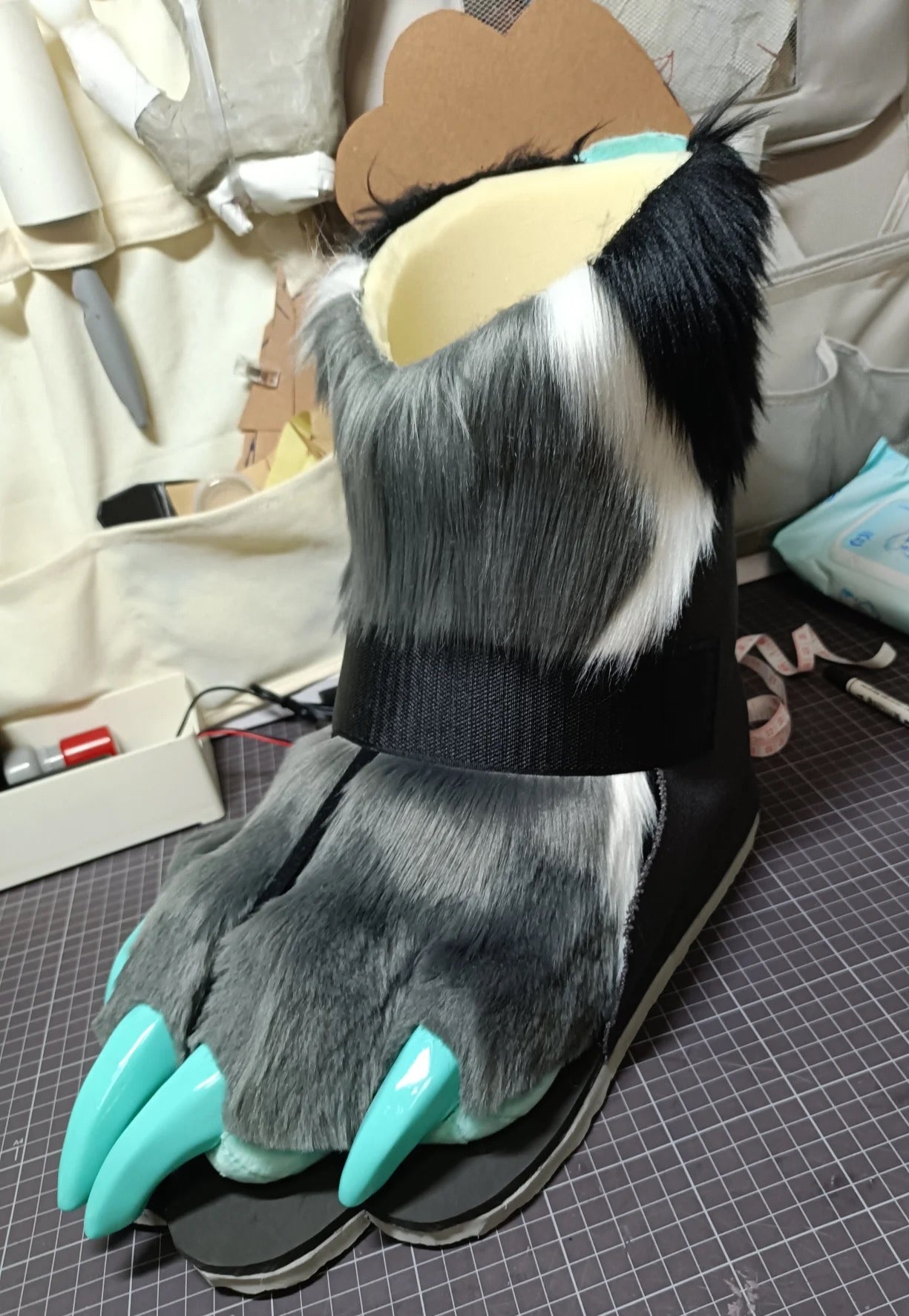 Gray faux fur cyber-style big paws shoes— color customization available, with 3D-printed paw claws