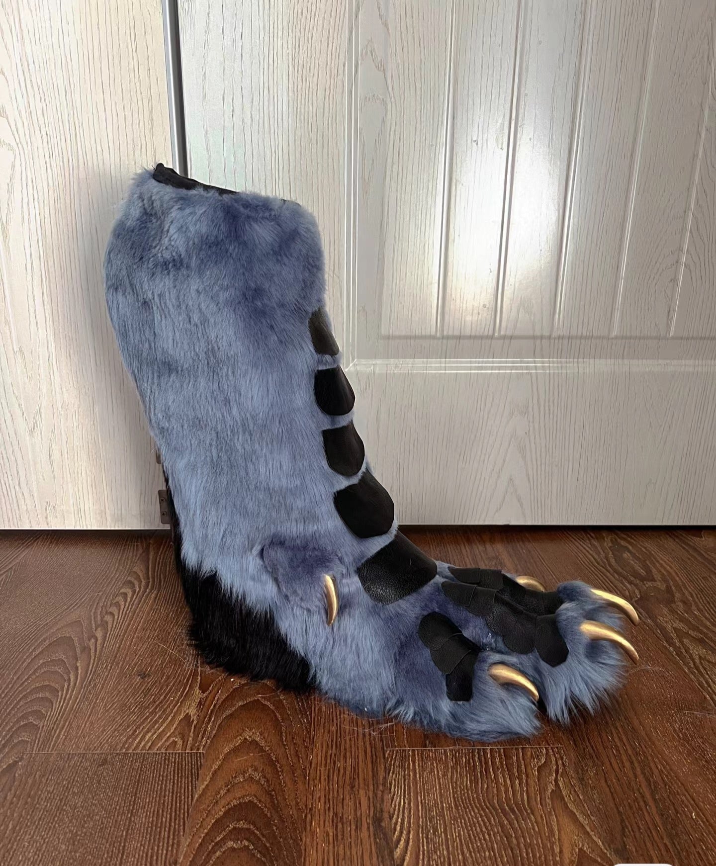 Blue-gray, faux fur and leather patchwork paws feet Furry fursuit, customizable colors and sizes