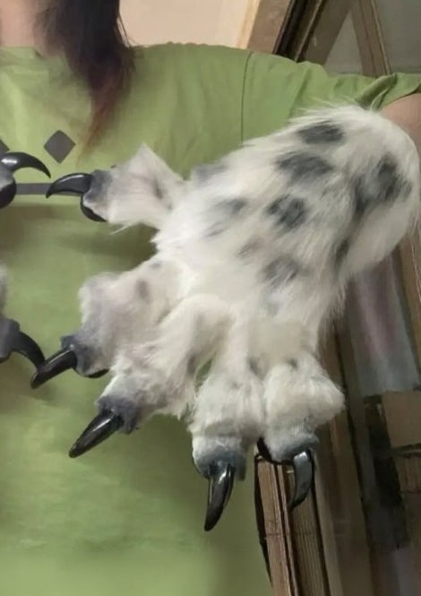 White faux fur snow leopard paws with spotted airbrushing — fursuit furry paws, customizable