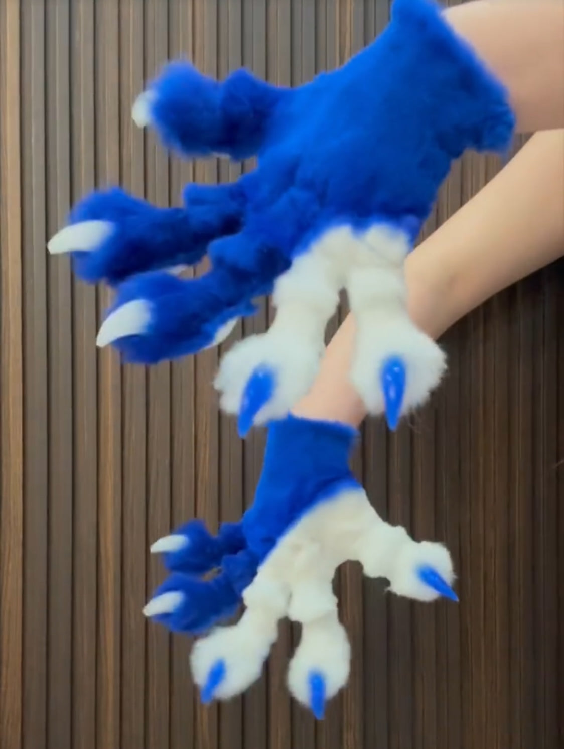 Blue and white color-blocked, hand-attached, realistic paws, furry fursuit, customizable colors, made with stretchy synthetic fabric combined with faux fur fabric.