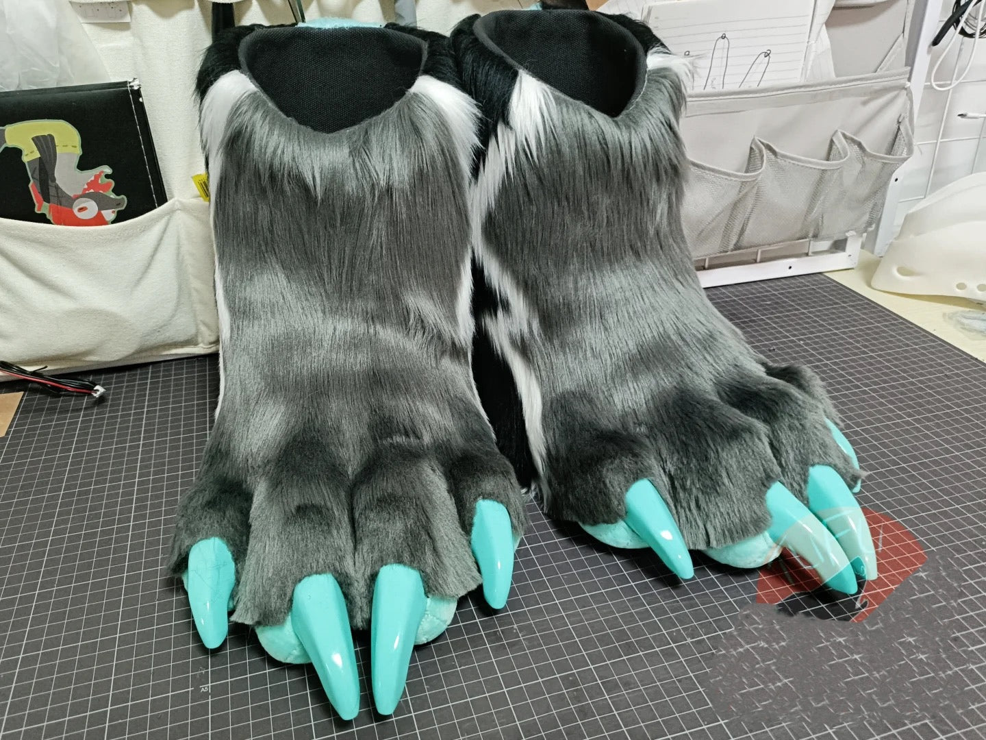 Gray faux fur cyber-style big paws shoes— color customization available, with 3D-printed paw claws