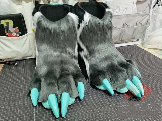 Gray faux fur cyber-style big paws shoes— color customization available, with 3D-printed paw claws