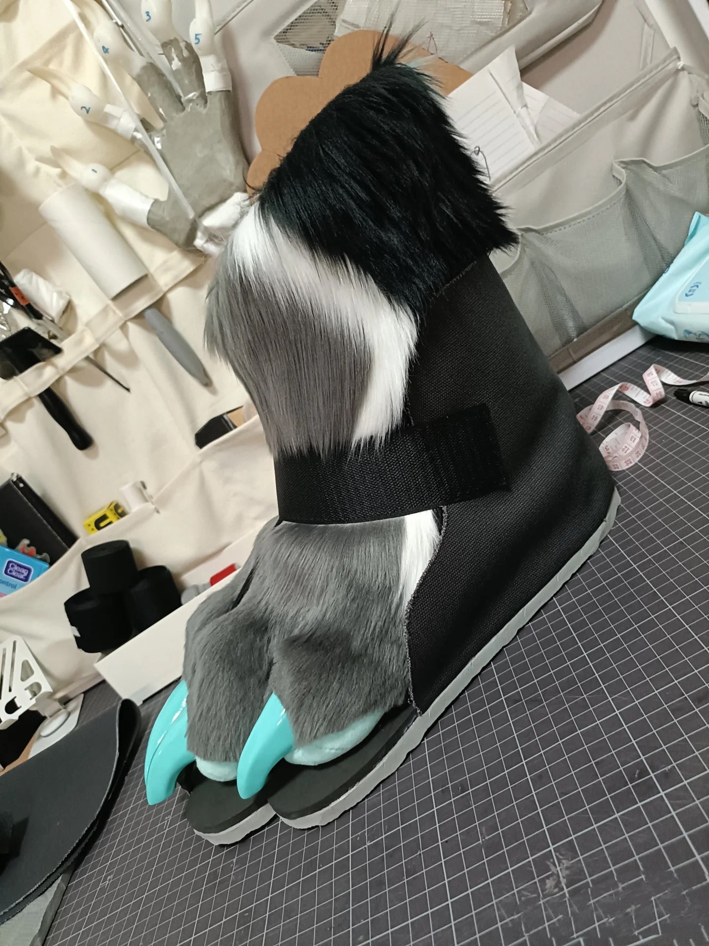 Gray faux fur cyber-style big paws shoes— color customization available, with 3D-printed paw claws