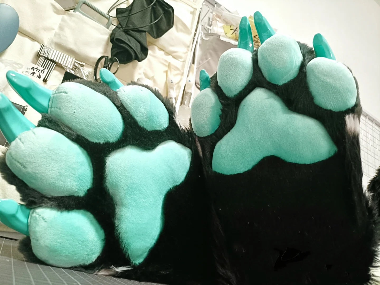 Gray faux fur cyber-style big paws shoes— color customization available, with 3D-printed paw claws