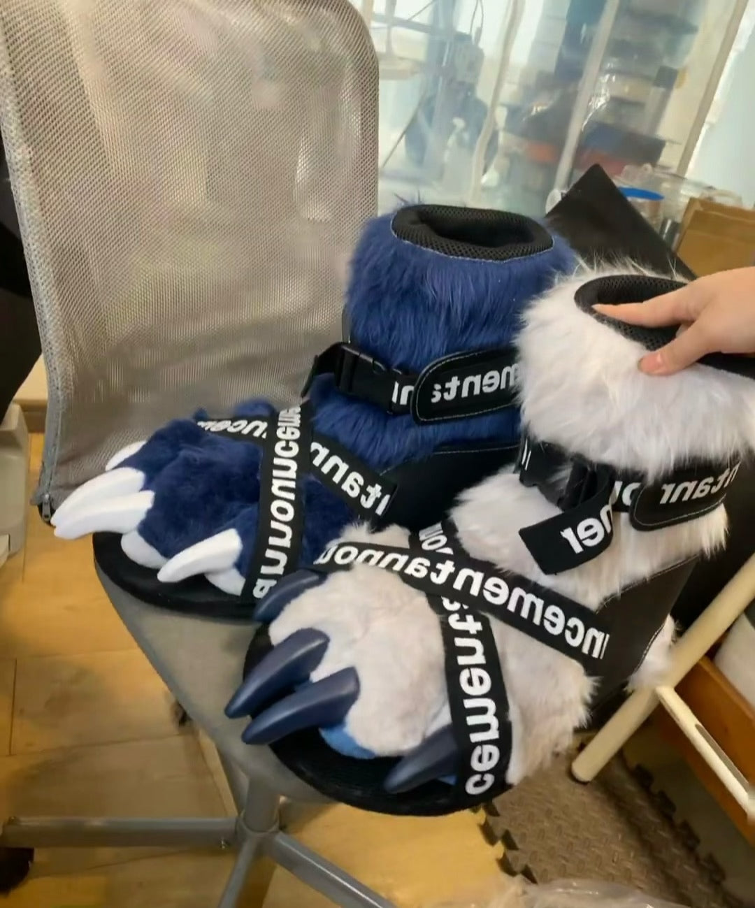 white and blue stitched faux fur big paws — color customization available, with 3D-printed paw claws.