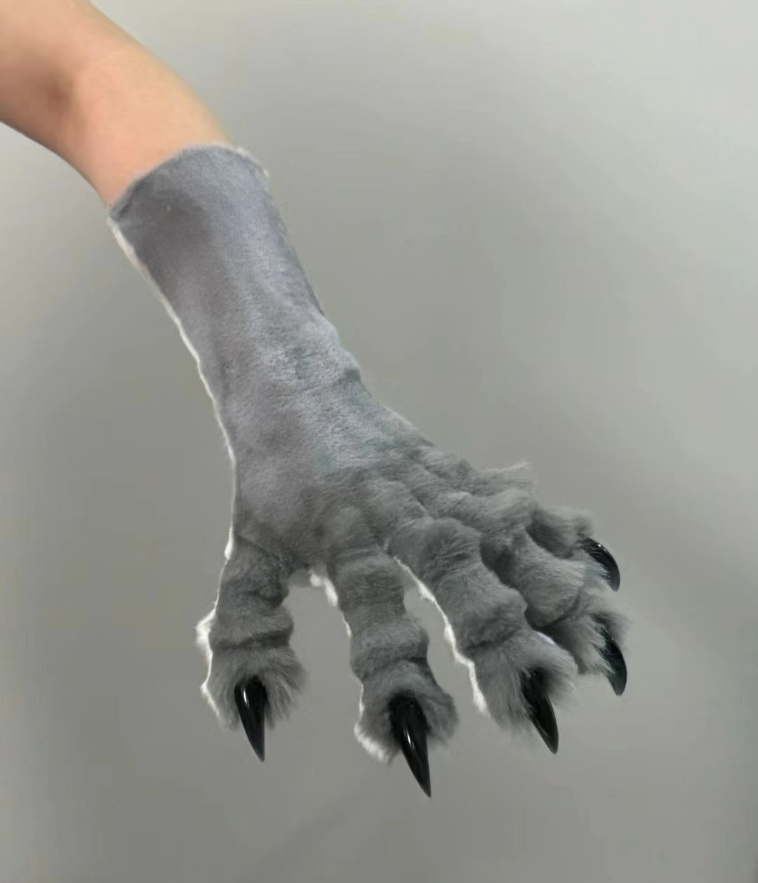 Dark gray & beige color-blocked faux fur with gray paw pads, realistic paws
