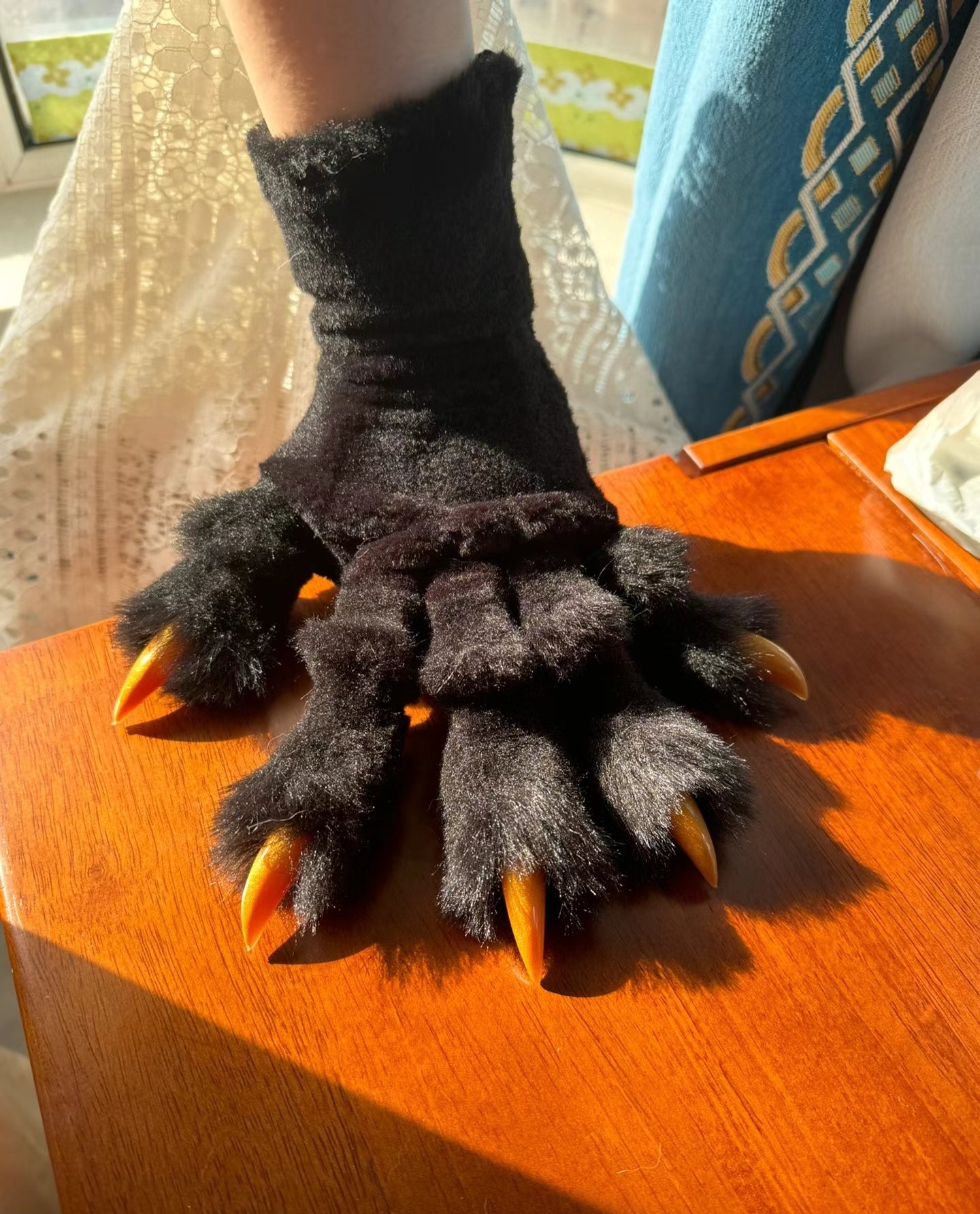 Black Faux Fur, Yellow Claws, Pink Paw Pad, Realistic Animal Claw, furry,fursuit,Custom Orders Accepted
