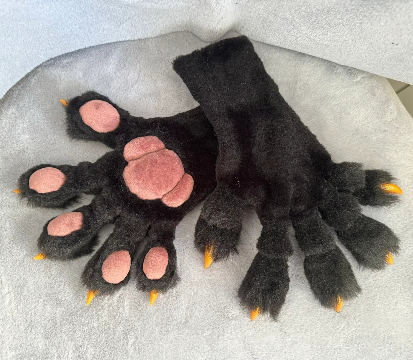 Black Faux Fur, Yellow Claws, Pink Paw Pad, Realistic Animal Claw, furry,fursuit,Custom Orders Accepted