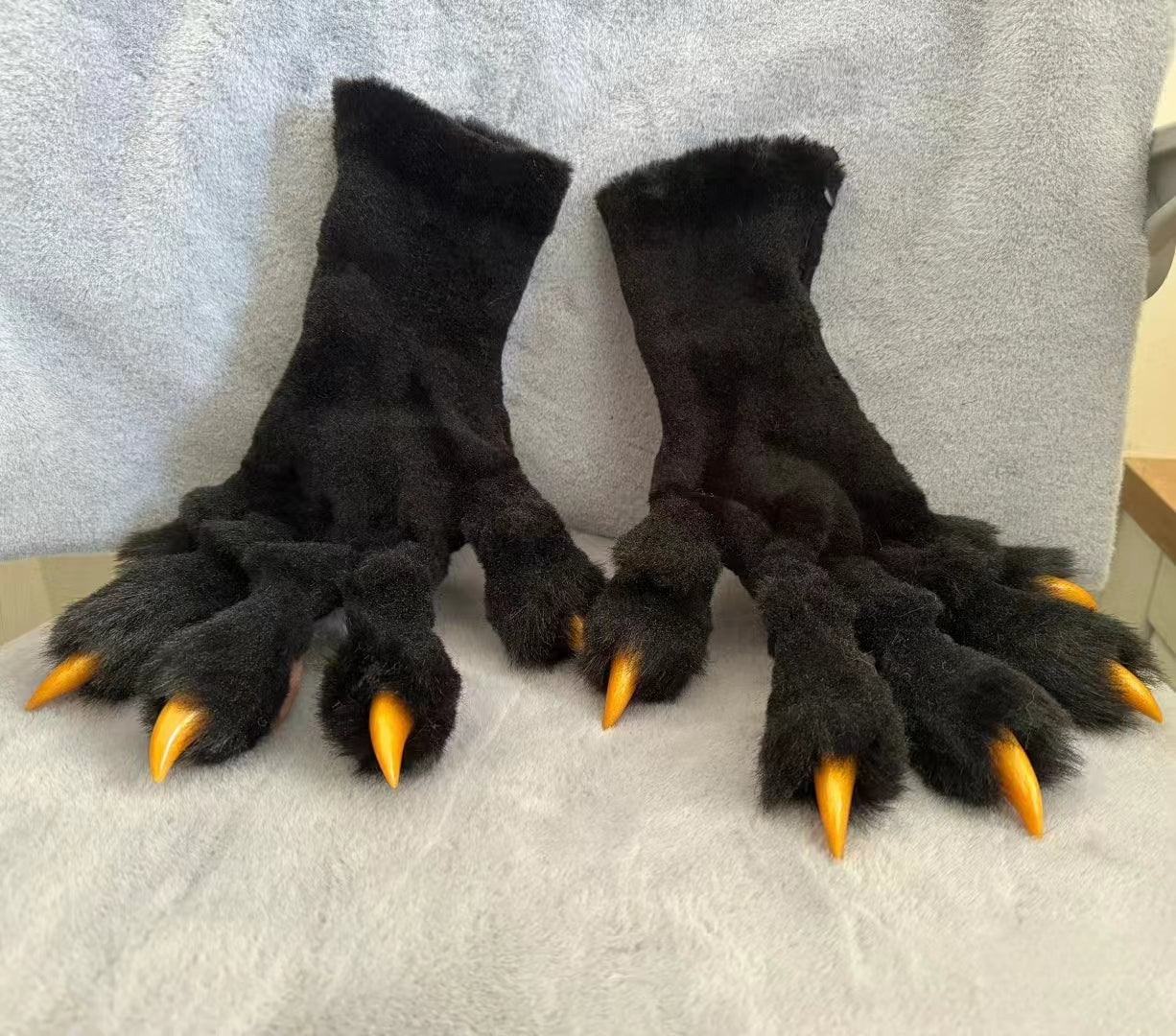 Black Faux Fur, Yellow Claws, Pink Paw Pad, Realistic Animal Claw, furry,fursuit,Custom Orders Accepted