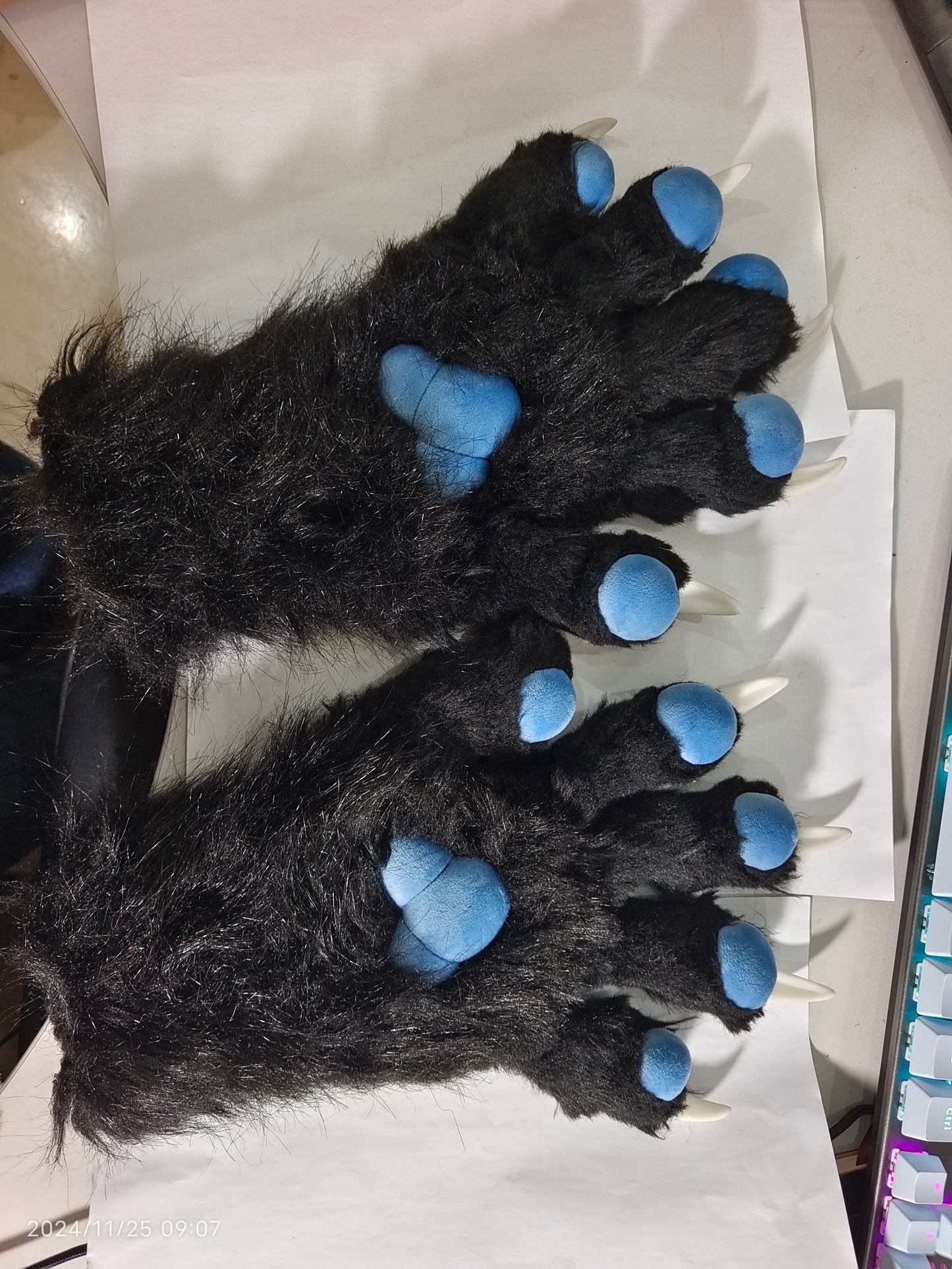 Black Large paws with Blue Pads, Long Pile Synthetic Fur Fabric, Customizable Colors.