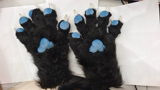 Black Large paws with Blue Pads, Long Pile Synthetic Fur Fabric, Customizable Colors.