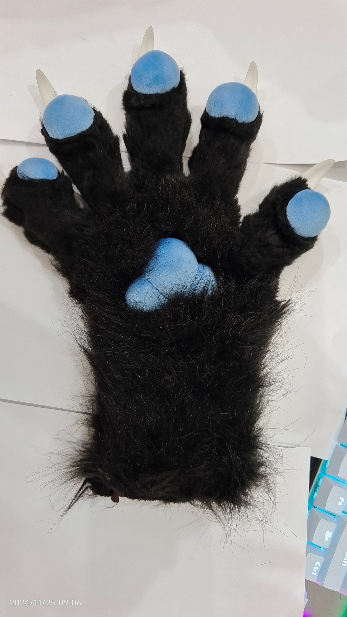 Black Large paws with Blue Pads, Long Pile Synthetic Fur Fabric, Customizable Colors.