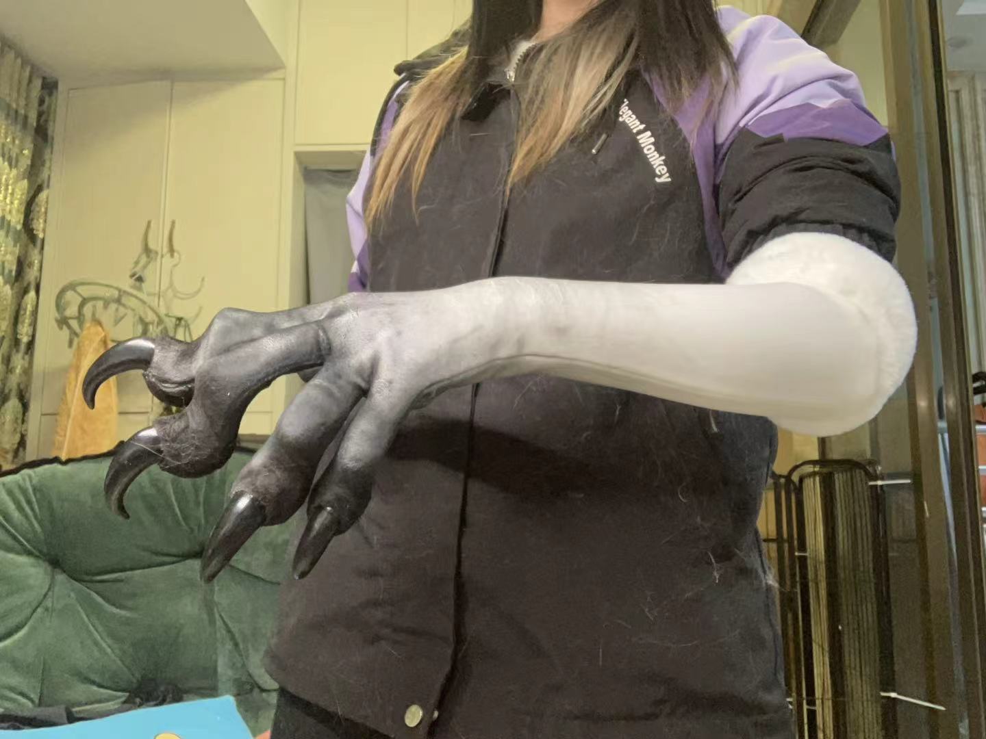 White with gray spray and black — big claw; skinny claw; stretchy faux fur furry fursuit