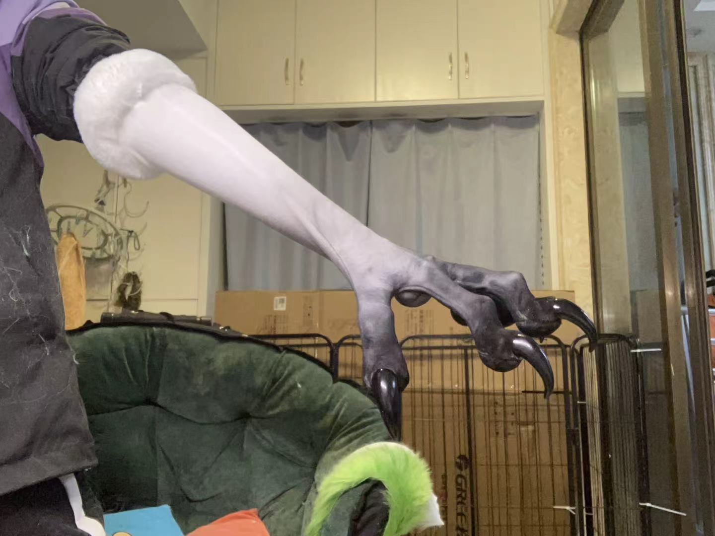 White with gray spray and black — big claw; skinny claw; stretchy faux fur furry fursuit