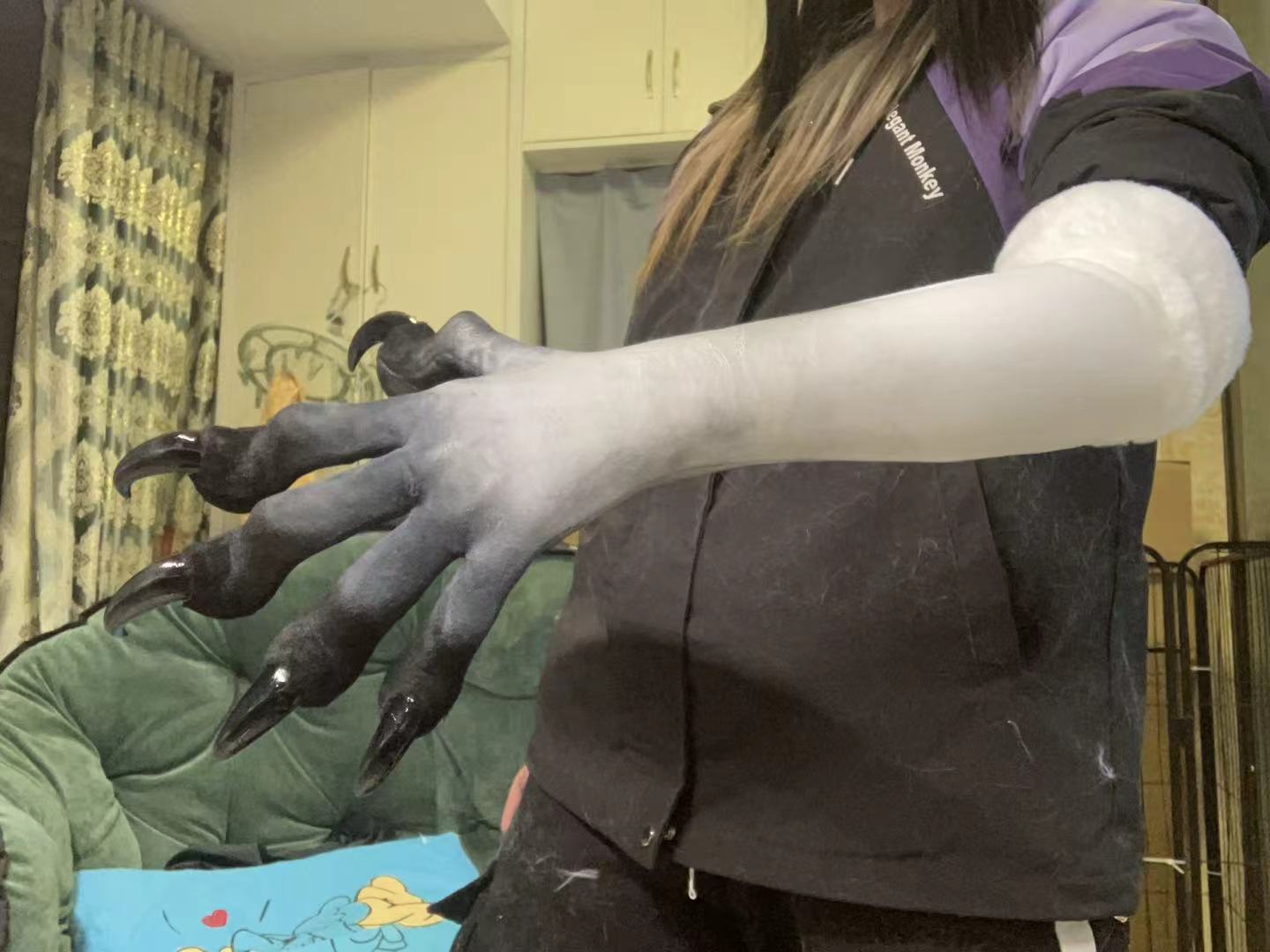 White with gray spray and black — big claw; skinny claw; stretchy faux fur furry fursuit