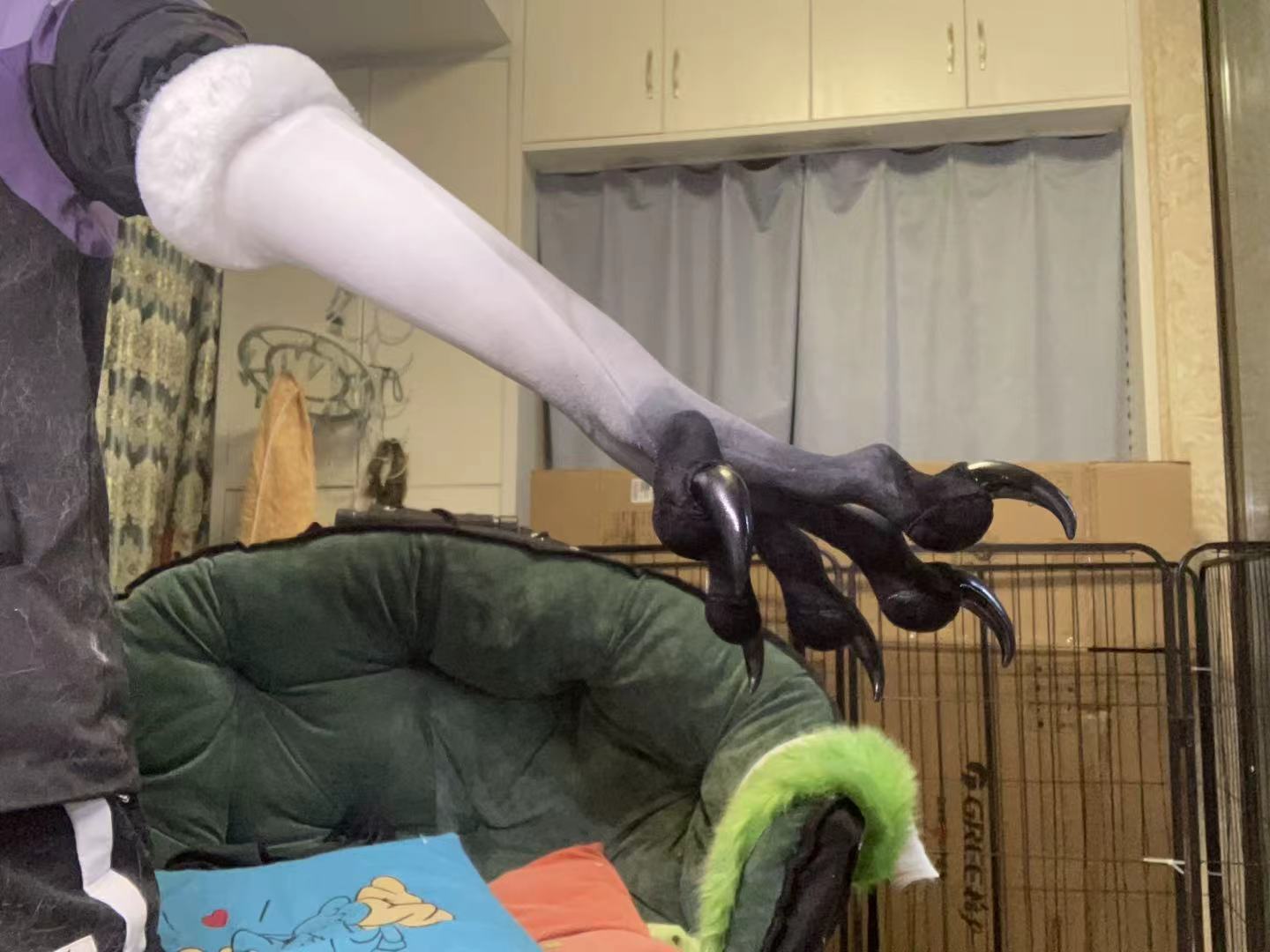 White with gray spray and black — big claw; skinny claw; stretchy faux fur furry fursuit