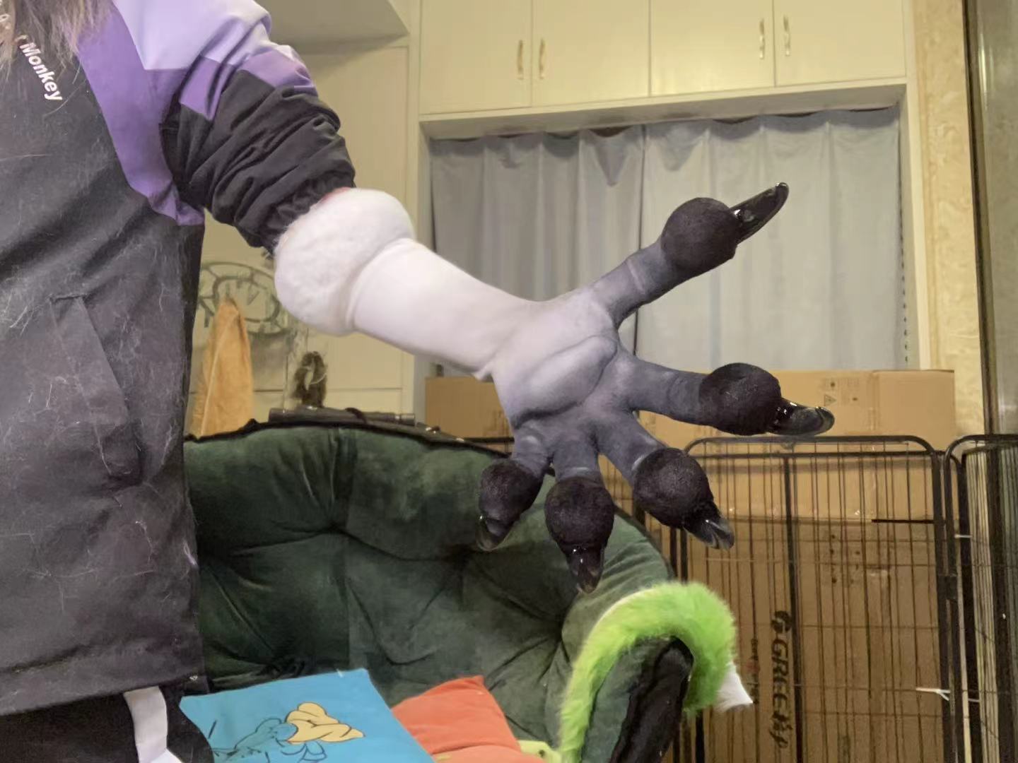 White with gray spray and black — big claw; skinny claw; stretchy faux fur furry fursuit