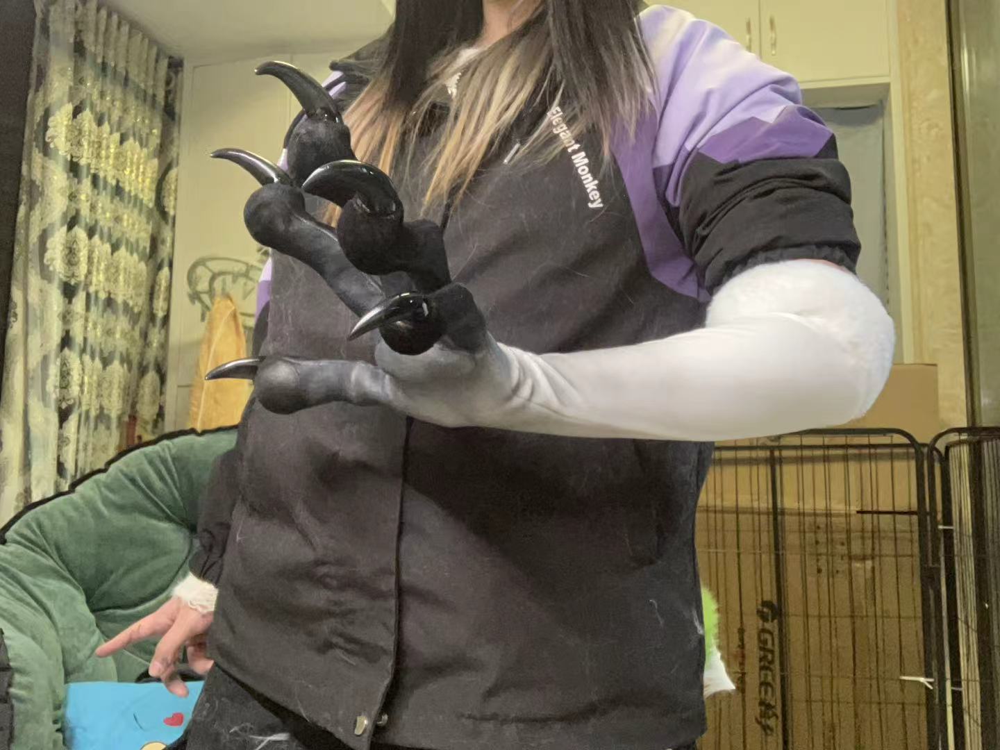 White with gray spray and black — big claw; skinny claw; stretchy faux fur furry fursuit
