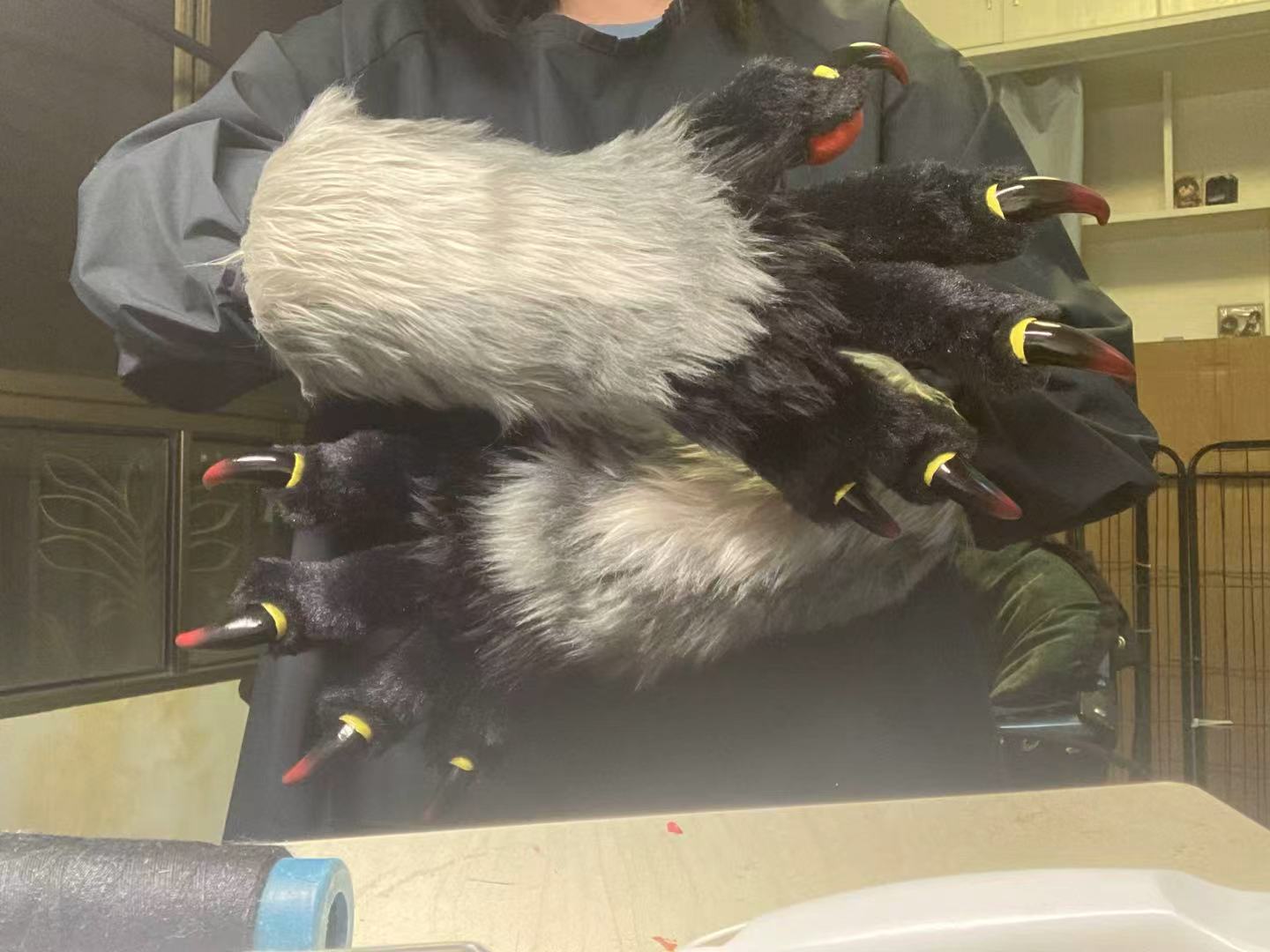Three-tone red, black, and gray paneling big paws furry fursuit custom
