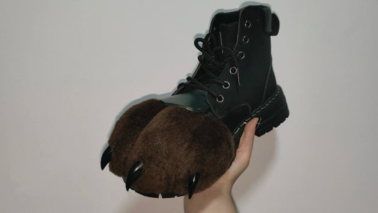 Brown patched paw shoes — front is paws, back is real shoes.