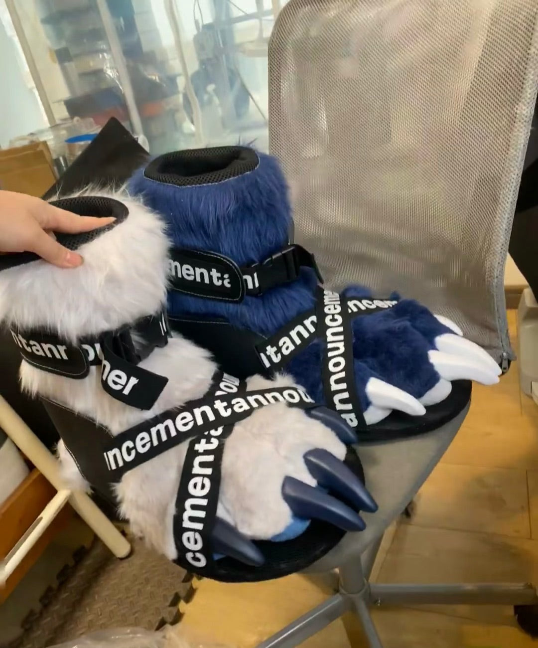 white and blue stitched faux fur big paws — color customization available, with 3D-printed paw claws.