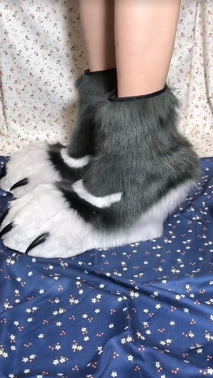 Black and white faux fur patchwork paw feet for a fursuit, with colors customizable.
