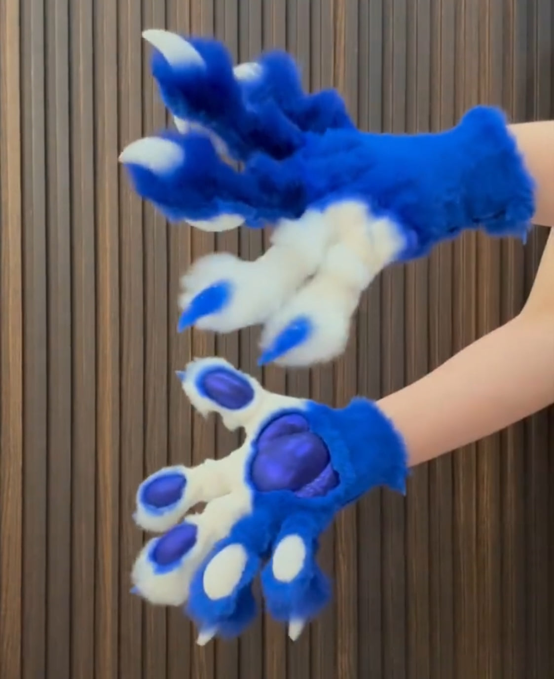 Blue and white color-blocked, hand-attached, realistic paws, furry fursuit, customizable colors, made with stretchy synthetic fabric combined with faux fur fabric.