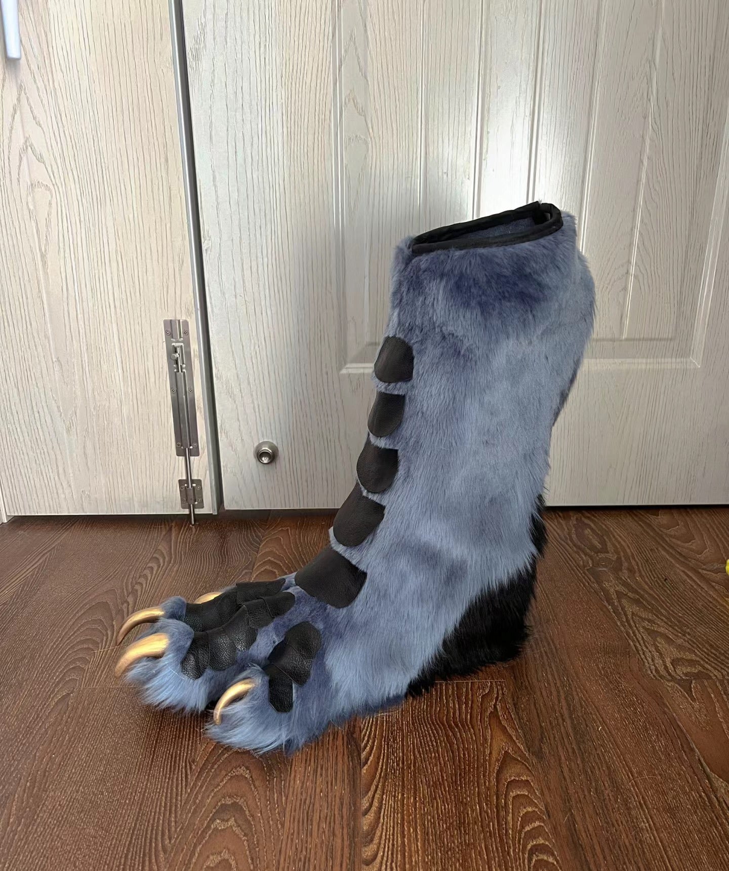 Blue-gray, faux fur and leather patchwork paws feet Furry fursuit, customizable colors and sizes