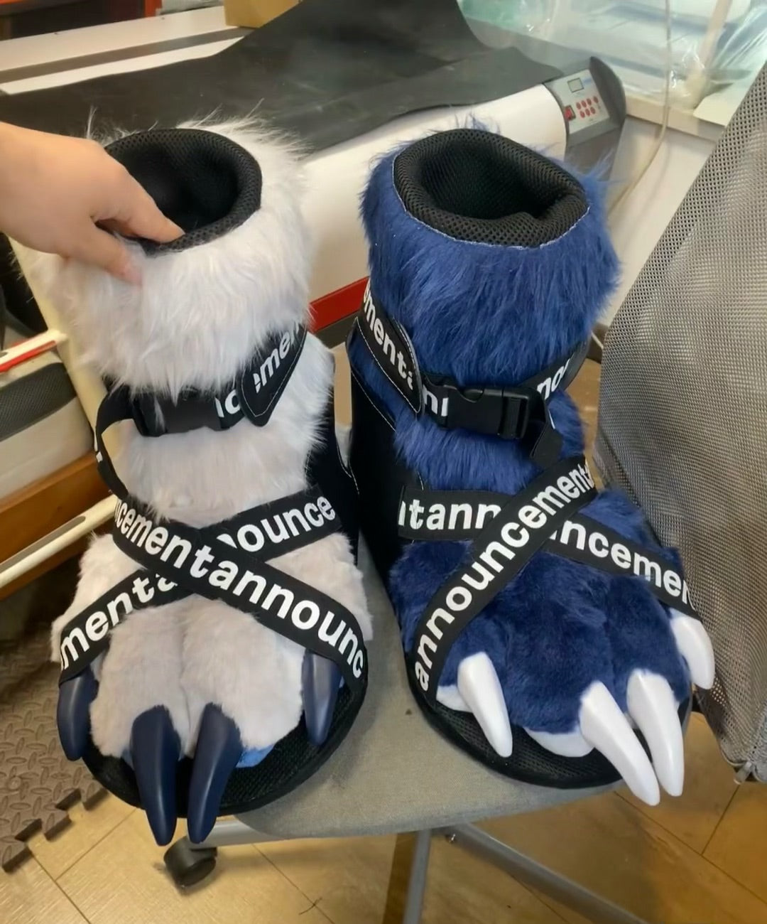 white and blue stitched faux fur big paws — color customization available, with 3D-printed paw claws.