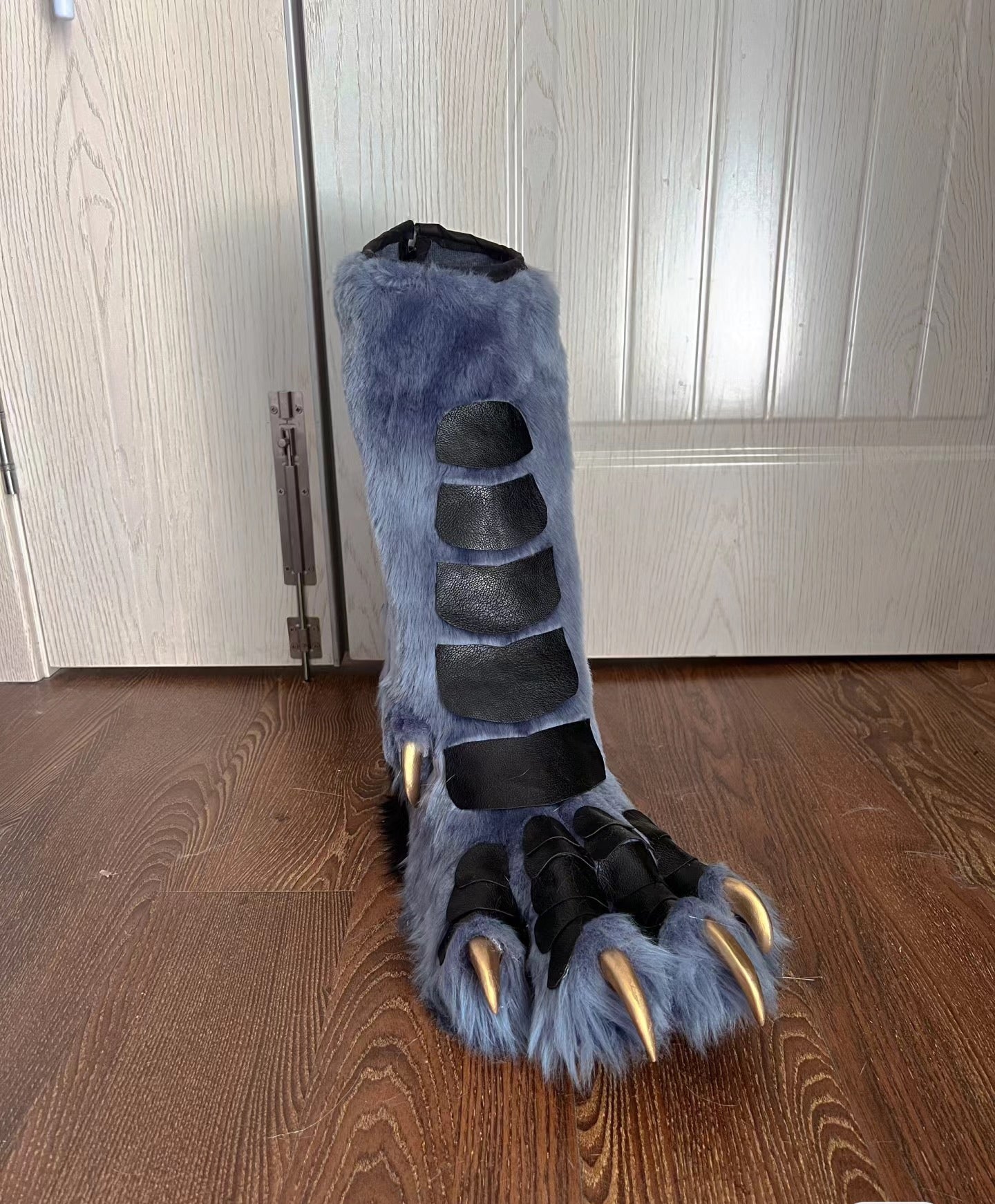 Blue-gray, faux fur and leather patchwork paws feet Furry fursuit, customizable colors and sizes