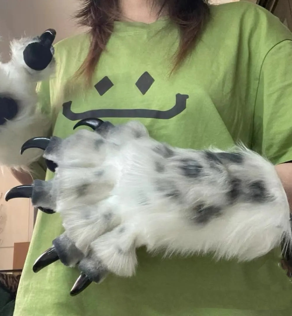 White faux fur snow leopard paws with spotted airbrushing — fursuit furry paws, customizable