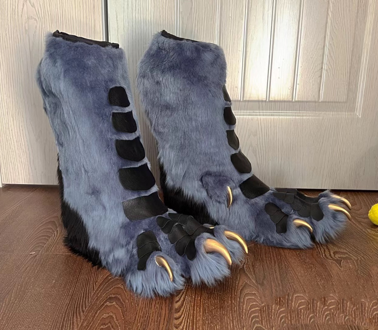 Blue-gray, faux fur and leather patchwork paws feet Furry fursuit, customizable colors and sizes