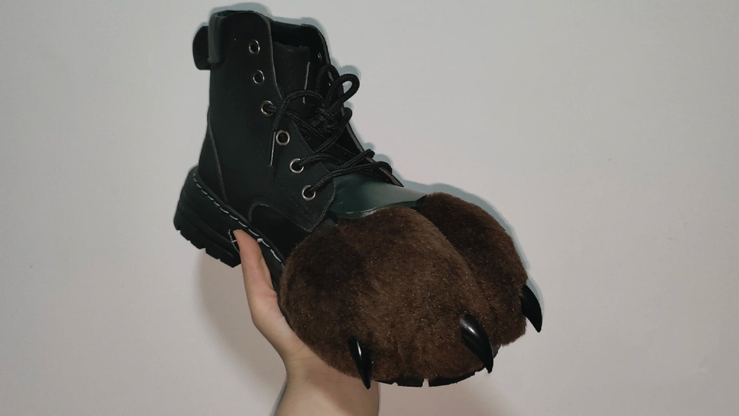 Brown patched paw shoes — front is paws, back is real shoes.