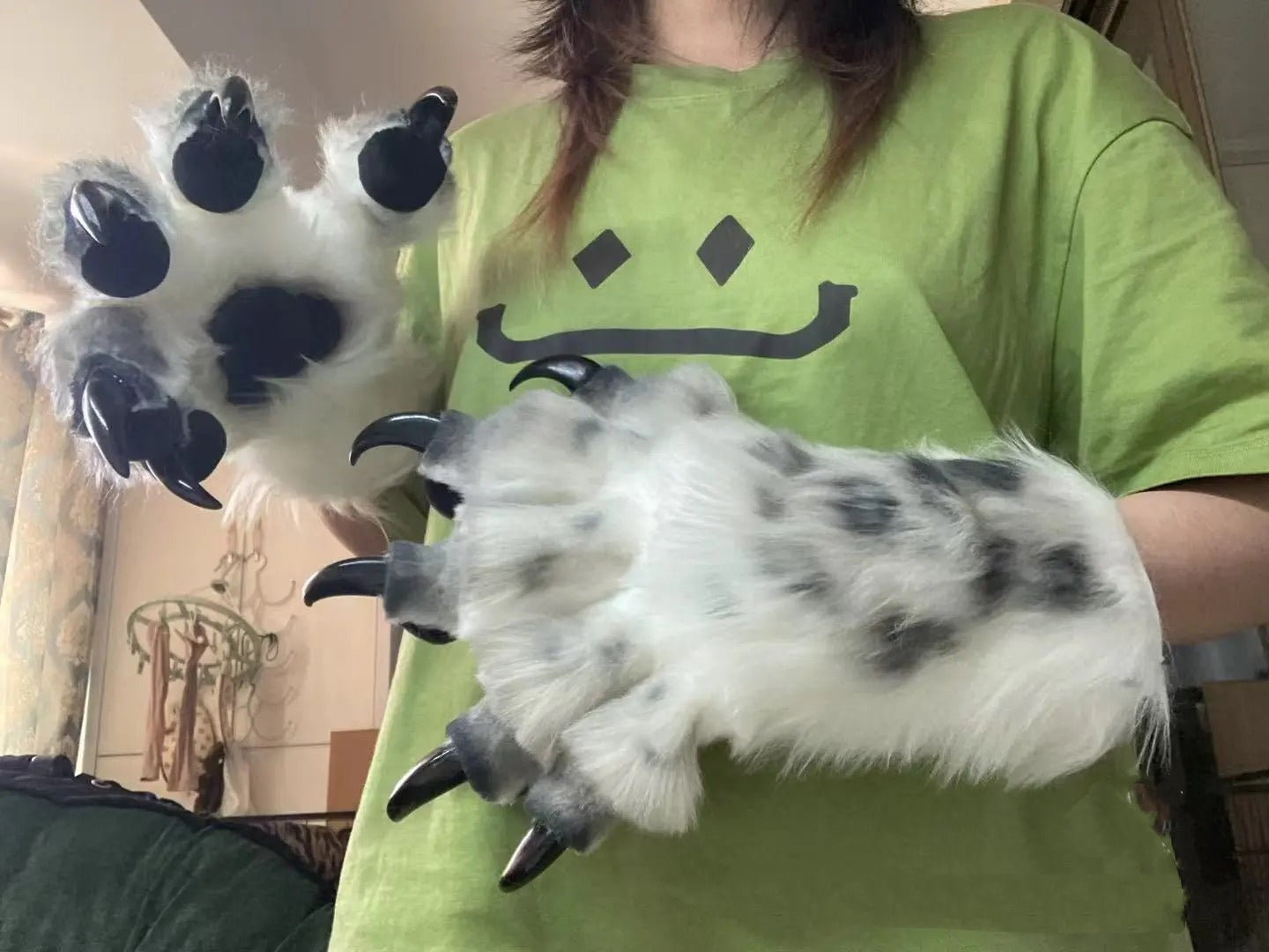 White faux fur snow leopard paws with spotted airbrushing — fursuit furry paws, customizable