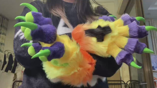 Purple, yellow, orange, and green color-blocked big claw; green 3D-printed nails furry fursuit