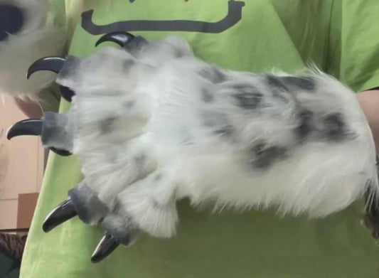 White faux fur snow leopard paws with spotted airbrushing — fursuit furry paws, customizable