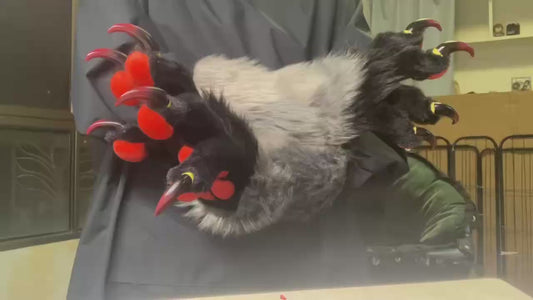 Three-tone red, black, and gray paneling big paws furry fursuit custom
