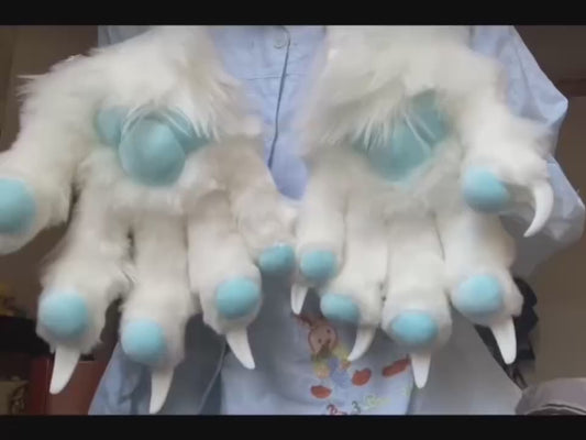 White short fur, sky blue paw pads, made with faux fur fabric, big paws, furry fursuit, customizable colors