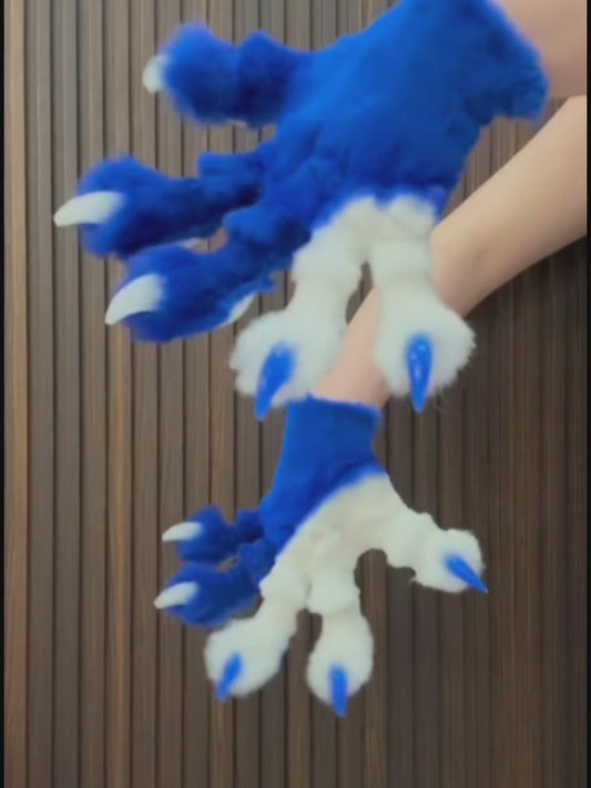 Blue and white color-blocked, hand-attached, realistic paws, furry fursuit, customizable colors, made with stretchy synthetic fabric combined with faux fur fabric.